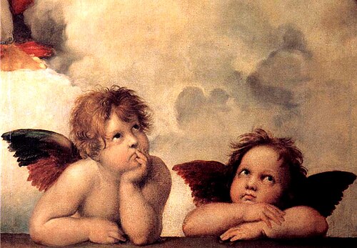 Raphael's two cherubs, leaning on their elbows and looking up